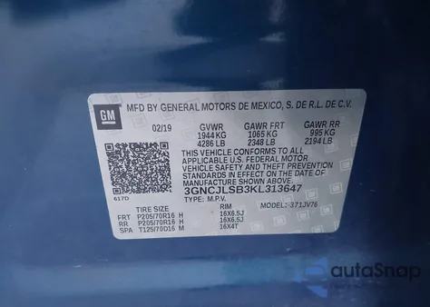 2019 Chevrolet Trax Lt z USA, uszkodzony, nr VIN 3GNCJLSB3KL313647